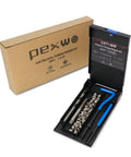 Open PEXWO case showing 1/4-20 Helicoil Thread Repair Kit With HSS Drill Bit And Thread Inserts, Blue Installation Tool, and Steel Inserts