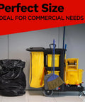 Heavy Duty 42 Gallon Trash Bags 3 Mil Thick Black Contractor Garbage Liners 50 Count next to a cleaning cart for yard and construction cleanup.