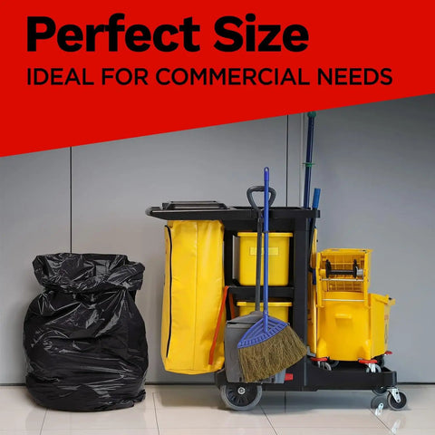 Heavy Duty 42 Gallon Trash Bags 3 Mil Thick Black Contractor Garbage Liners 50 Count next to a cleaning cart for yard and construction cleanup.