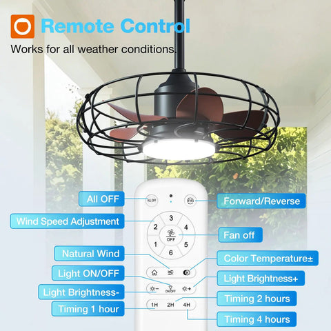 20 Inch Outdoor Ceiling Fan With Light For Patio IP65 Waterproof Plug In Caged Hanging Fan With Remote shown with controls