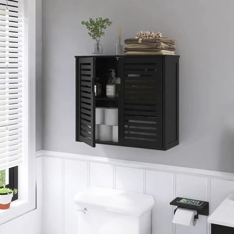Black Bamboo Over The Toilet Wall Mounted Bathroom Storage Cabinet With Three-Position Adjustable Shelf Hanging Medicine Cabinet With Double Doors Space Saver Organizer For Bathroom Essentials