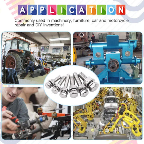 Collage showing applications of the 510 Piece Flat Hex Stainless Steel Screw Bolts Nuts Locking Washers Kit in machinery and DIY projects.