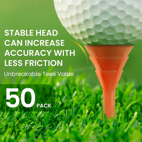 Unbreakable Plastic Golf Tees 3 1/4 Inch Long You Can Really Count On, 50 Pack, showing golf tee in grass with ball above.