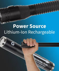 Hand holding Beefy Rechargeable Full Size LED Dual Light Flashlight with lithium-ion battery, 6-hour run time, aircraft grade aluminum