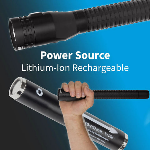 Hand holding Beefy Rechargeable Full Size LED Dual Light Flashlight with lithium-ion battery, 6-hour run time, aircraft grade aluminum