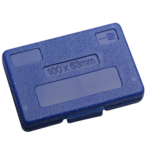 Top view of blue plastic storage case for machinist square, marked 100 x 63 mm.