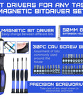 Magnetic bit driver set with screwdriver, 50mm extension, and 30pc CRV screw bits for various home repair tasks.