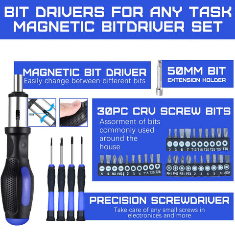 Magnetic bit driver set with screwdriver, 50mm extension, and 30pc CRV screw bits for various home repair tasks.