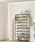 Big Capacity 10 Tier Shoe Rack Organizer Holds Up To 40 Pairs Of Shoes, Tall Metal Wide Storage With Two Hooks, Space Saving Design