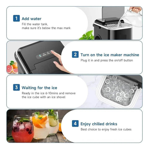Instructions for No Fuss Portable Countertop Ice Maker With Sturdy Carry Handle And Easy Self Cleaning Cycle Fast Freeze Compact Ice Machine.