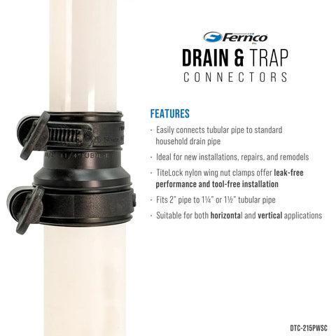 Tubular To 2 Inch Drain Pipe Flexible Adapter Coupling With EZYCLAMP Tool Free Bands, Fits 1.25 Or 1.5 Inch Tubular Piping Into 2 Inch DWV System, Quick Hand Tighten, No Screwdrivers, Glue Or Hardware, Easy Home Plumbing Fix black drain trap connector on pipe