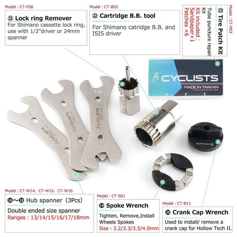 All In One 23 Piece Bike Tool Kit With Durable Storage Case For Home Maintenance And On The Go Repairs For Mountain And Road Bikes A Comprehensive Bicycle Repair Tools Set, featuring lock ring removers, hub spanners, and crank cap wrench