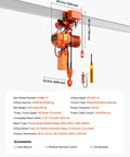 Velvet-Vision VEVOR 4400 Pound Electric Chain Hoist With Power Trolley shown mounted, displaying dimensions and remote control features.