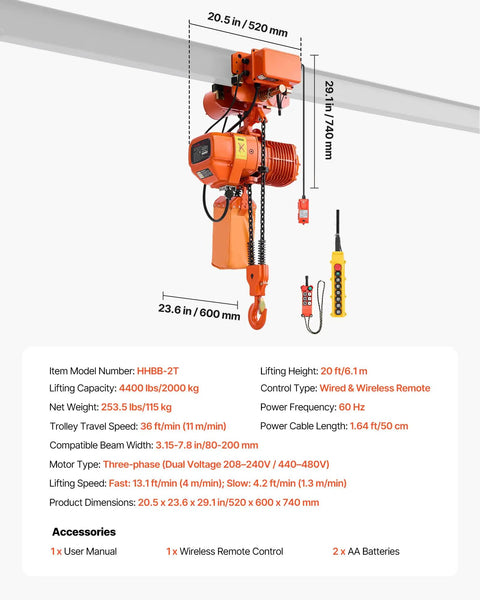 Velvet-Vision VEVOR 4400 Pound Electric Chain Hoist With Power Trolley shown mounted, displaying dimensions and remote control features.