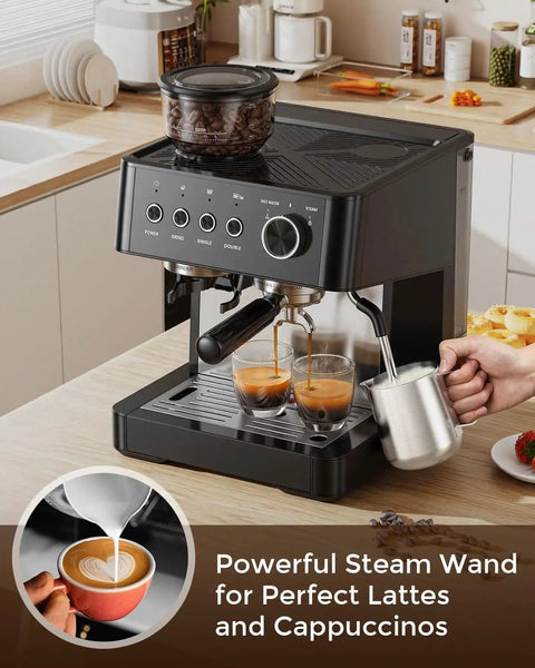 All In One Espresso Machine With Built In Grinder For Home Use Anti Clog Grind Path With 20 Percent Wider Chute And Reinforced Helical Auger Milk Frother And Steam Wand For Barista Quality Cappuccino And Latte In Matte Black on kitchen counter