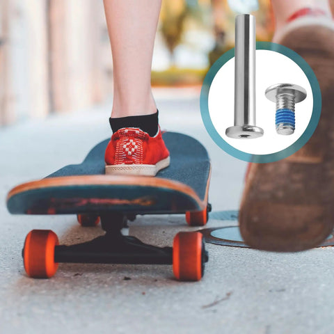 Five Sets Of 32mm Inline Skate Wheel Screws With Installation Tool, red sneakers on skateboard, focus on socket screws inset