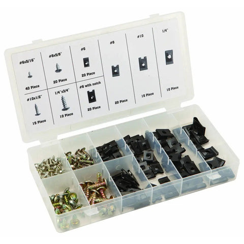 170 Piece Heavy Duty U Clip And Screw Assortment Wire Organization Kit in clear storage case with assorted clips and screws.