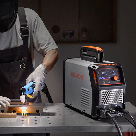 Dual Voltage 50 Amp Plasma Cutter Be A Garage Workhorse With 110V And 220V Run IGBT Inverter Digital Display 2T 4T Modes in use