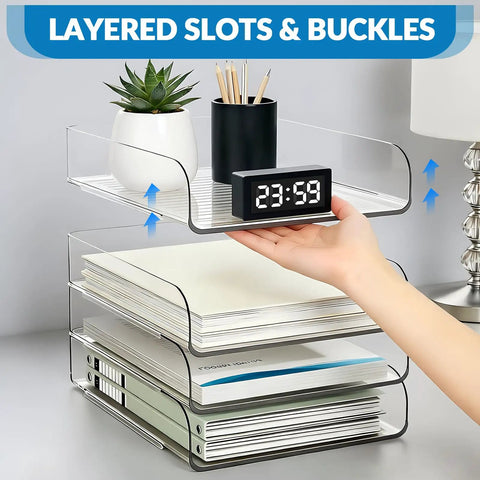 Layered clear acrylic 4 tier desk organizer stand for A4 and letter papers with clock and plant on top tier