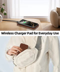 Leather Wireless Charging Valet Tray for Men, phone charging on wooden tray on table, person placing phone in bag