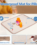 Waterproof mat for pills with antisepsis and waterproof icons, multiple pill bottles, easy to clean surface.