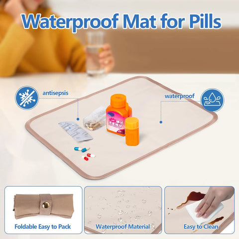 Waterproof mat for pills with antisepsis and waterproof icons, multiple pill bottles, easy to clean surface.