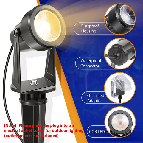 Close-up of Low Voltage LED Landscape Light Kit spotlight showing rustproof housing and waterproof connector details.