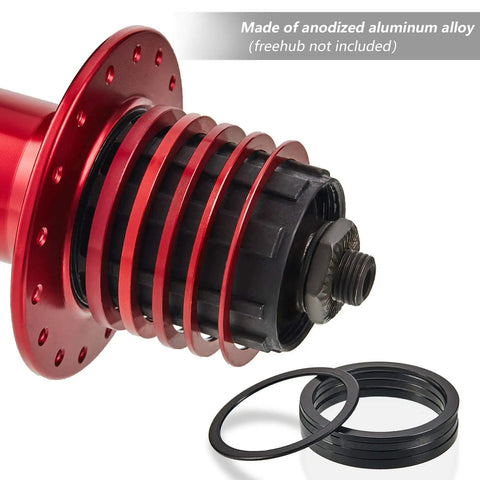 Aluminum Bike Cassette Spacers And Hub Washers Set For 7 To 11 Speed, anodized finish shown on a freehub with spacers in place
