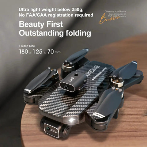 Foldable 4K Drone With Dual Cameras And 110 Degree Wide Angle on wooden surface, folded, ultra-light below 250g, compact design.