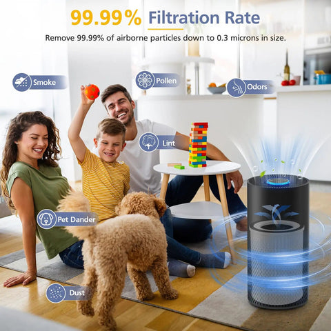 Family playing in a living room with a dog, showcasing Replacement Filter Pack For Afloia KILO Series Air Purifiers, highlighting filtration benefits.