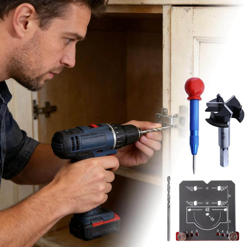 Precision Cabinet Locator Kit For Door Hinge Alignment With Pro Adjustable Template Jig displayed with installation guide