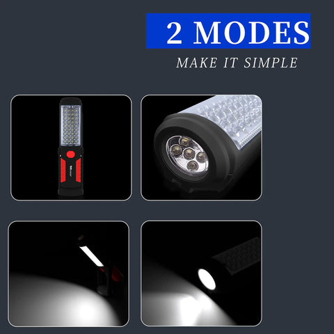 2 modes of the Magnetic Mechanic Flashlight With Hook Foldable Underhood Light for car emergency kit and camping use shown.