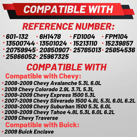 Compatibility chart for Beefed-Up Upgraded Fuel Pump Driver Module 601-132 6H1478 showing compatible GM vehicle models and reference numbers.