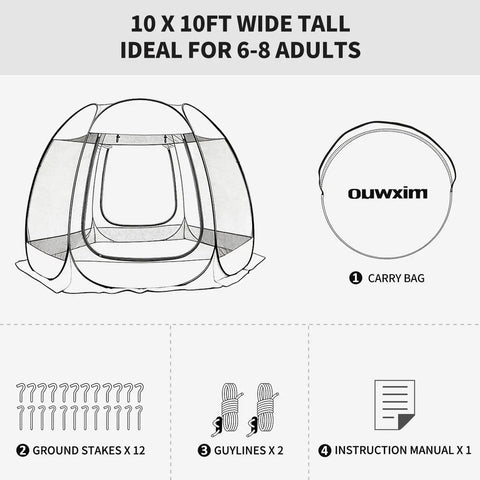 Pop Up Gazebo Screen House Tent With Mosquito Netting For 6 To 8 People Portable Canopy With No Tools Needed No Fuss Easy Setup UV Protection Sun Shelter For Backyard Patio Garden And Camping Waterproof 10x10 Feet with carry bag, stakes, and guylines included.