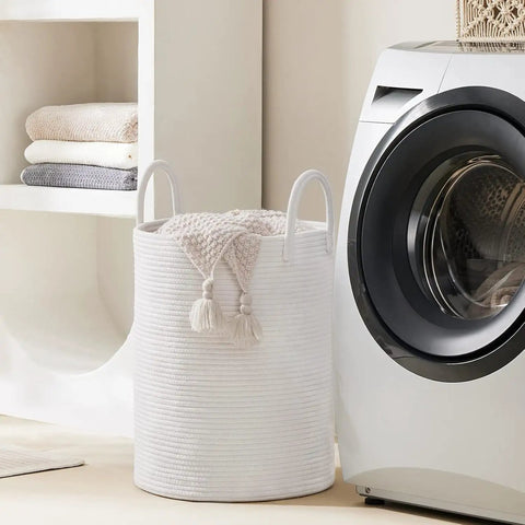 Big Ol Woven Rope Laundry Hamper Basket 58L beside washing machine in laundry room