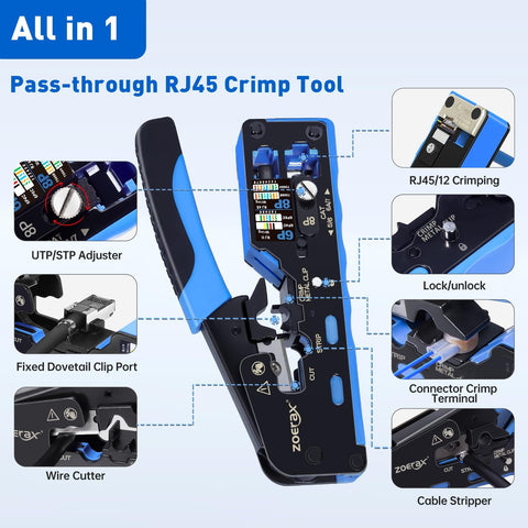 All-In-One RJ45 Crimp Tool With Pass-Through And Non Pass-Through Crimping, Wire Stripper, Cutter, Dovetail Terminal Crimper