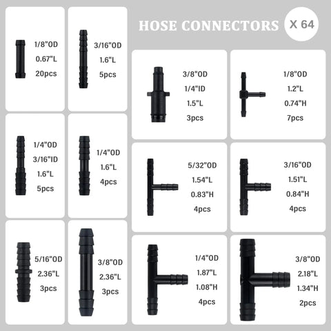 Hose connectors from Silicone Vacuum Hose Kit With 6 Hoses Each 4.92 Feet And 64 Vacuum Line Connectors Total 70 Piece Set.