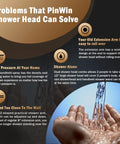 Infographic describing benefits of Dual Rain Shower Head With 12 Inch Extension Arm And Six Setting Handheld Combo.