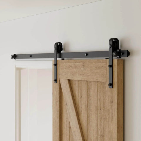 Heavy Duty Barn Door Hardware Kit 4 Foot Sliding Track For 24 Inch Wide Door Panels With Sturdy Steel And Nylon Rollers installed view