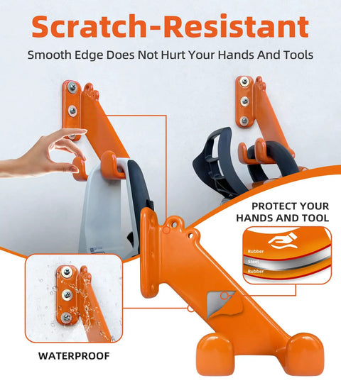 Heavy Duty Chainsaw Hanger Wall Mount 2 Pack For Garage Organization, showing scratch-resistant orange steel mount with tools