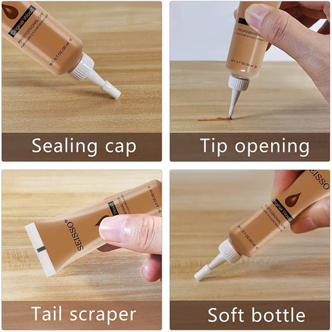 Heavy Duty Wood Repair Kit And Touch Up Paint For Furniture Scratches And Stains Hardwood Floor showing tool features like soft bottle and tip opening.