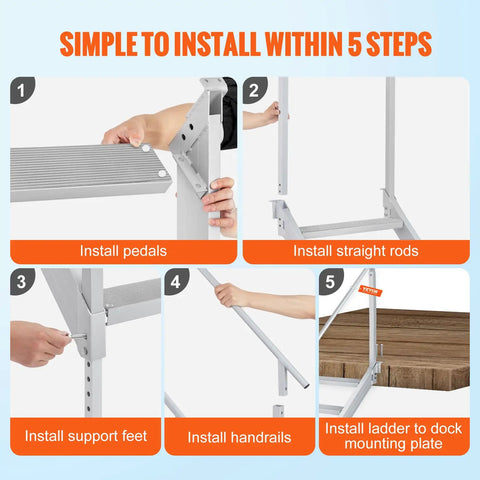 4 Step Dock Ladder With Dual Handrails 500 LB Load Aluminum Dock Stairs For Lake And Pool Adjustable Height Pontoon Boat Ladder With Wide Non Slip Pedals Marine Boarding For RV Or Home installation steps shown with aluminum parts and dock mount