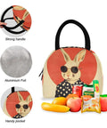 Rabbit Sunglass Moon Backpack With Insulated Cooler Lunch Box showcasing rabbit graphic, strong handle, foil lining, and front pocket.