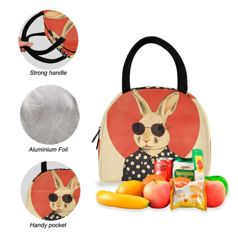 Rabbit Sunglass Moon Backpack With Insulated Cooler Lunch Box showcasing rabbit graphic, strong handle, foil lining, and front pocket.
