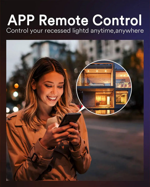 Woman using phone to control Smart Recessed LED Can Lights Five To Six Inch With Baffle Trim, two-pack set, through app remotely
