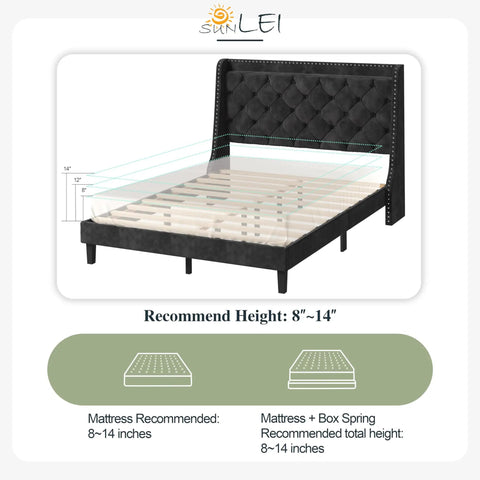 Heavy Duty Queen Bed Frame With Velvet Wingback Tufted Headboard And Built In Storage Shelf Noise Free Wood Slat Platform Base dimensions guide