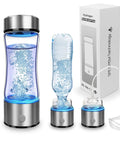 On The Go Hydrogen Water Bottle With 4000 PPB Generator And SPE PEM Glass Ionizer 420ml, shown with accessories and packaging
