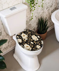 Round Peonies roses Floral vintage seamless Gold white flowers Toilet Seat on white toilet, soft-close hinge, floral design.