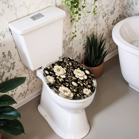 Round Peonies roses Floral vintage seamless Gold white flowers Toilet Seat on white toilet, soft-close hinge, floral design.