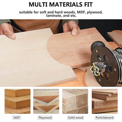 Two Plus Two Flute Slab Flattening Router Bit With One Quarter Inch Shank And One And One Quarter Inch Cutting Diameter Carbide Insert Spoilboard Surfacing Bit With ATS Coating For Softwood Hardwood And MDF Replaceable Ten By Ten By Two Point Two Carbide with wood pieces